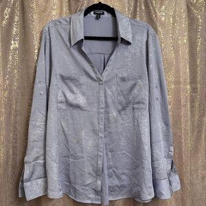 Express Gray Silver Metallic Sparkly Portofino Button Down Top XL